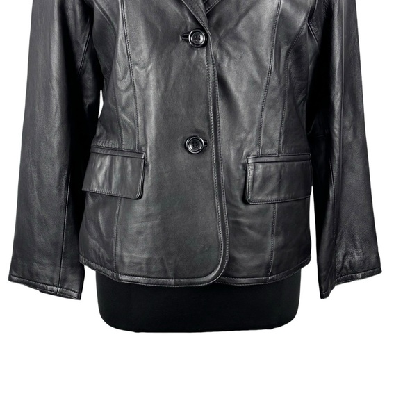 VINTAGE 90S RELATIVITY BLACK LEATHER NOTCHED COLLAR BUTTON DOWN BLAZER JACKET - Picture 9 of 14